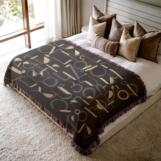 Armenian Black & Gold Alphabet Woven Cotton Blanket – Housewarming Gift - timelessbohochic.com
