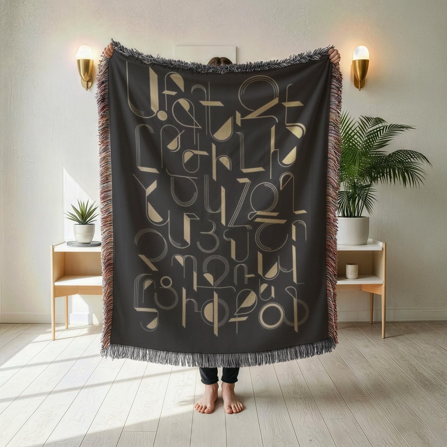 Armenian Black & Gold Alphabet Woven Cotton Blanket – Housewarming Gift - timelessbohochic.com