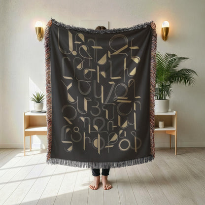 Armenian Black & Gold Alphabet Woven Cotton Blanket – Housewarming Gift - timelessbohochic.com