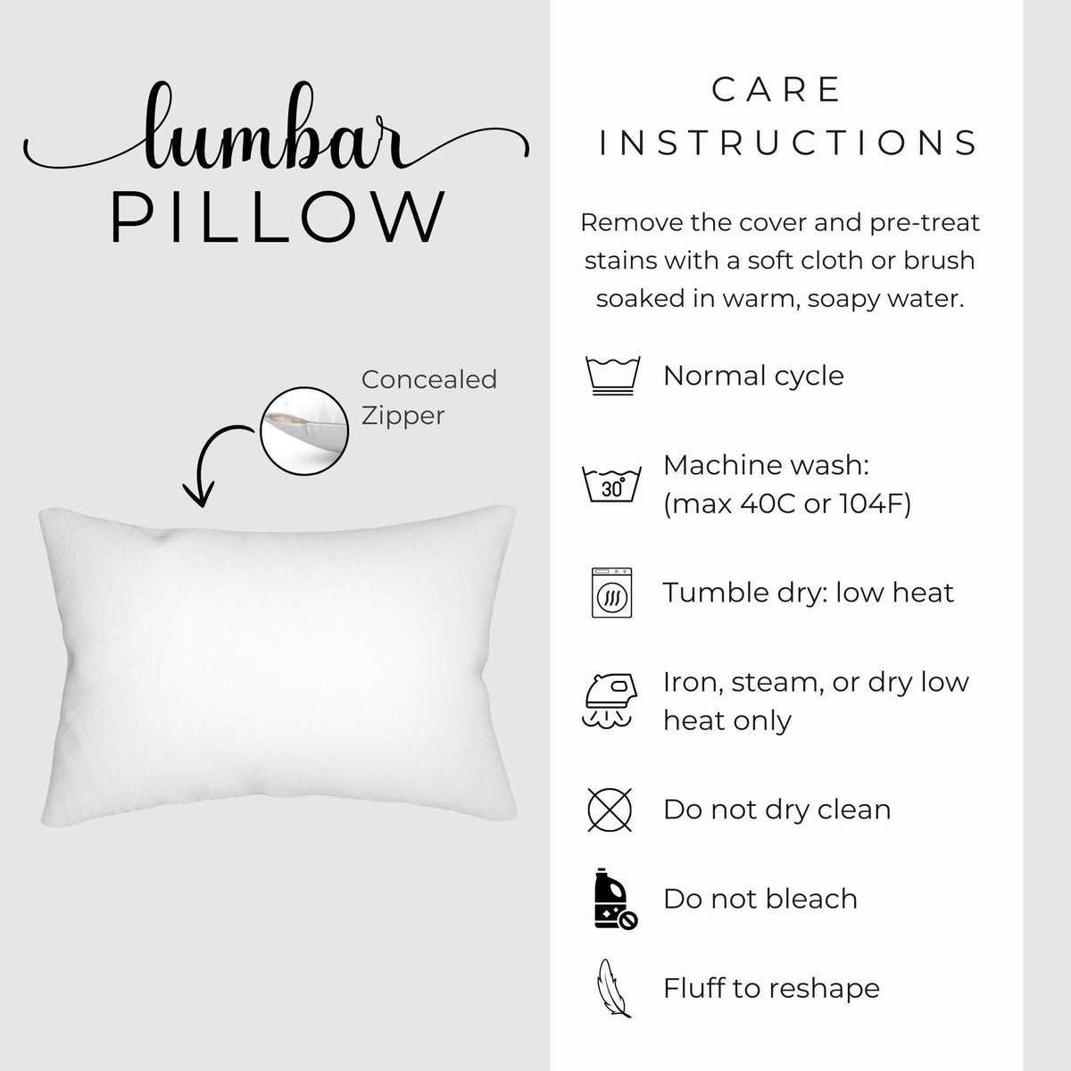 care instructions for a lumbar pillow, including steps to clean and maintain the pillow.