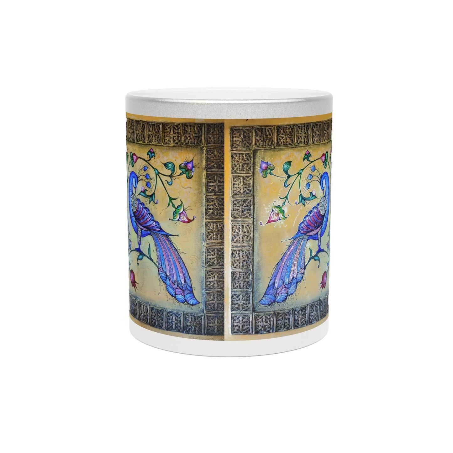 Armenian Blue Birds Ceramic Mug, Gold Background, Personalized - timelessbohochic.com