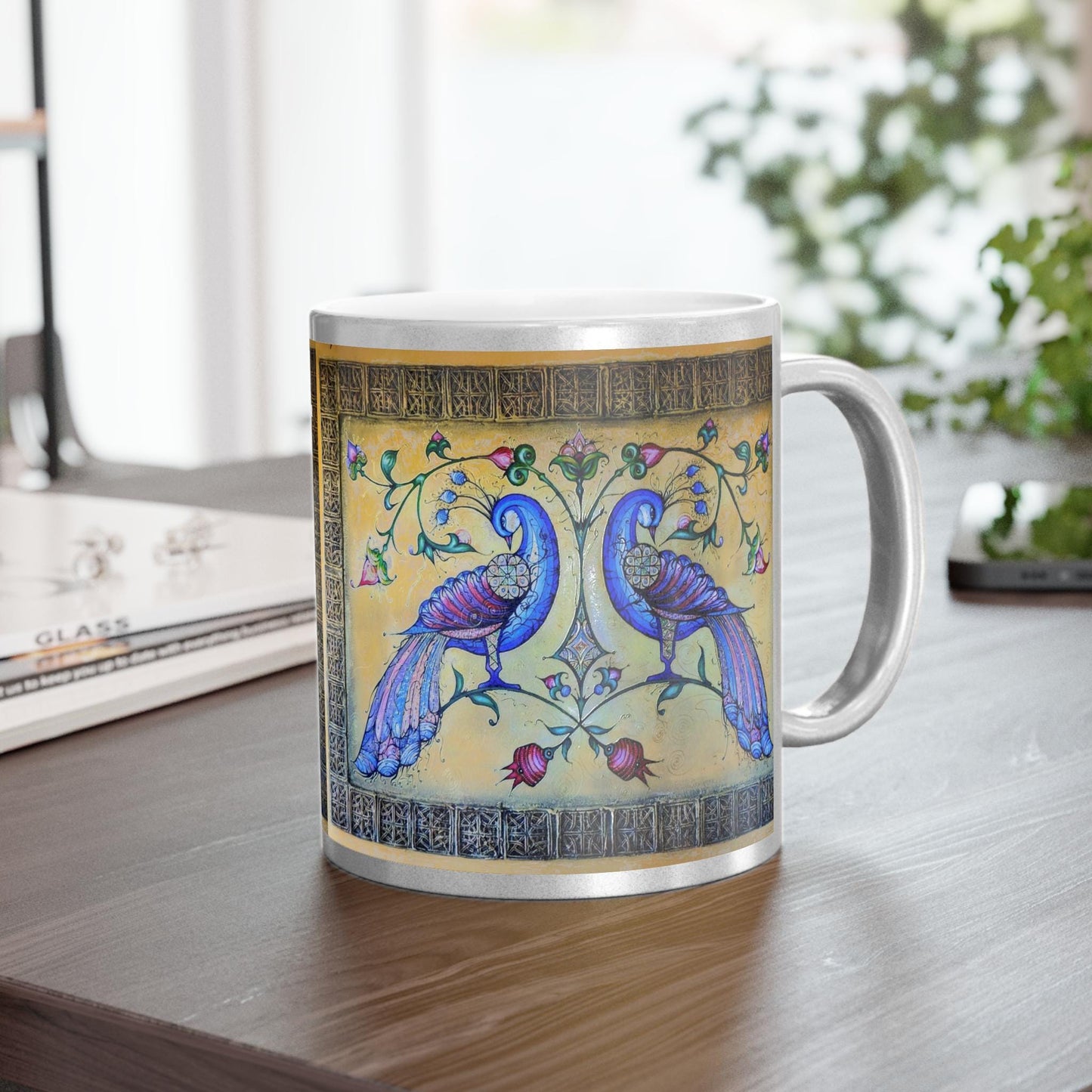 Armenian Blue Birds Ceramic Mug, Gold Background, Personalized - timelessbohochic.com