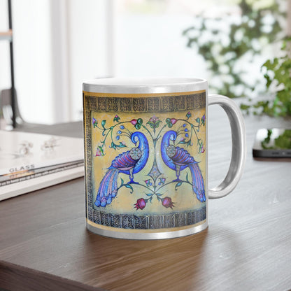 Armenian Blue Birds Ceramic Mug, Gold Background, Personalized - timelessbohochic.com