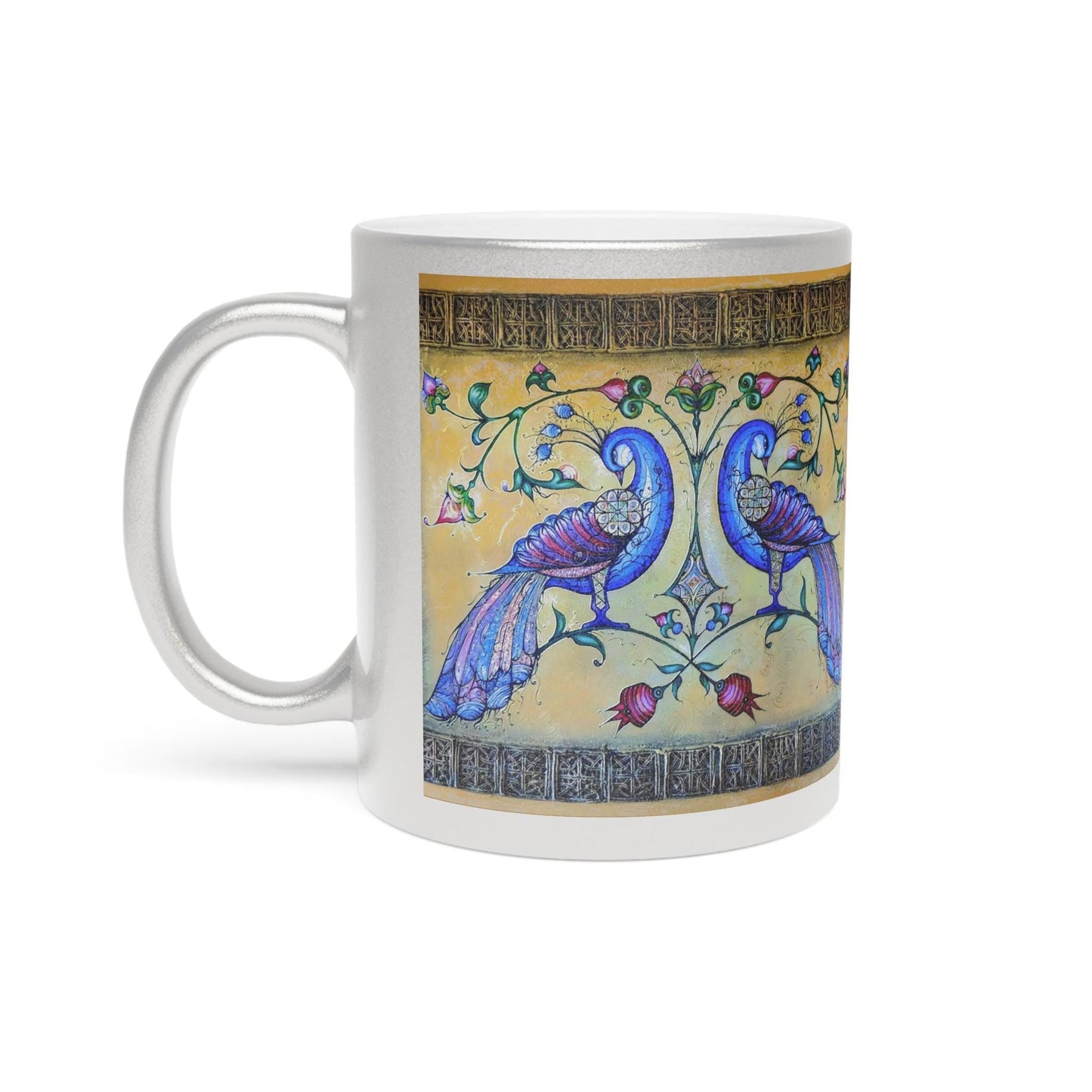 Armenian Blue Birds Ceramic Mug, Gold Background, Personalized - timelessbohochic.com