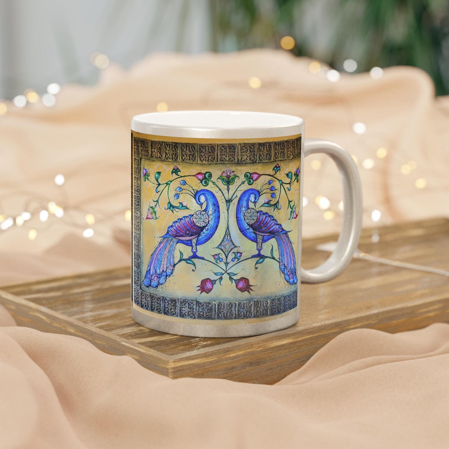 Armenian Blue Birds Ceramic Mug, Gold Background, Personalized - timelessbohochic.com