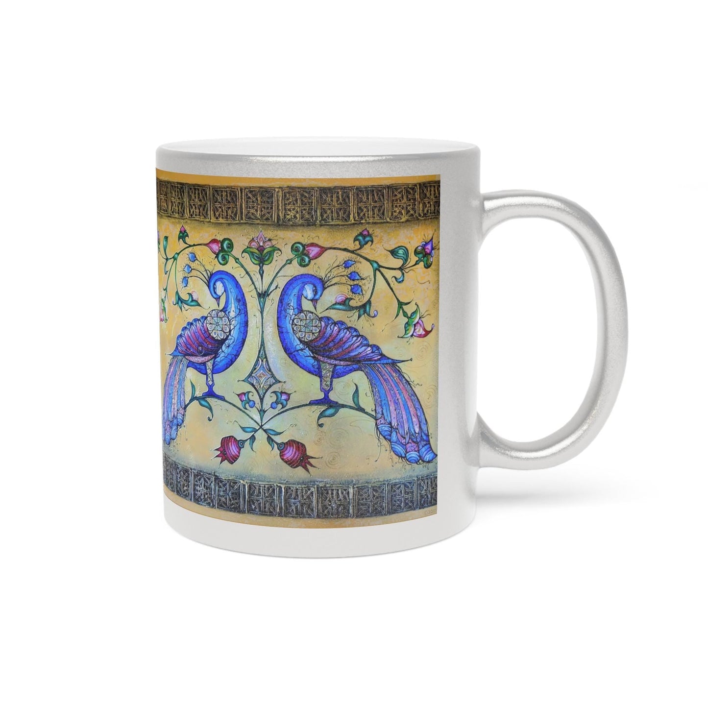 Armenian Blue Birds Ceramic Mug, Gold Background, Personalized - timelessbohochic.com