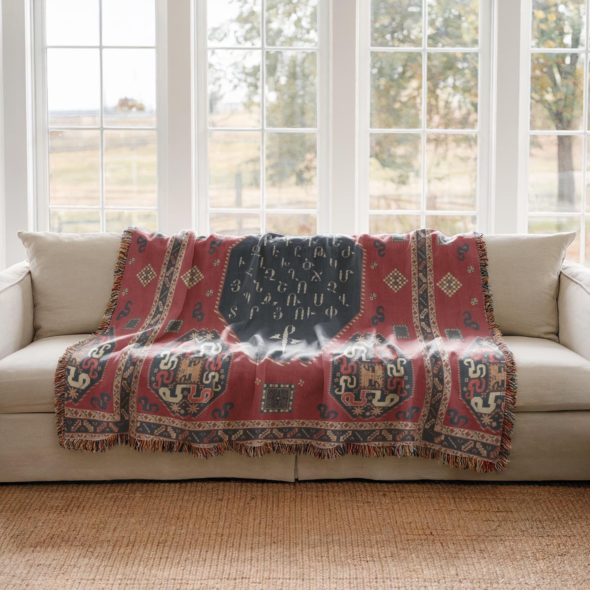 Armenian Blue & Red Alphabet Woven Wall Tapestry – Housewarming Gift - timelessbohochic.com