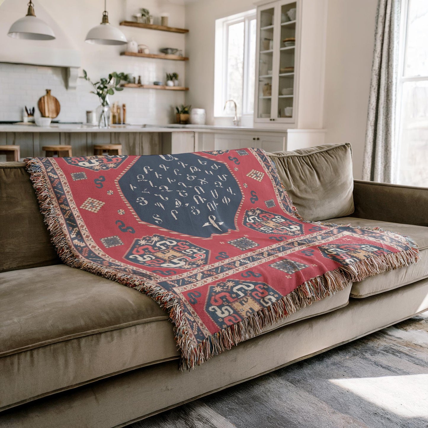 Armenian Blue & Red Alphabet Woven Wall Tapestry – Housewarming Gift - timelessbohochic.com