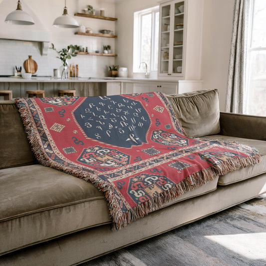 Armenian Blue & Red Alphabet Woven Wall Tapestry – Housewarming Gift - timelessbohochic.com