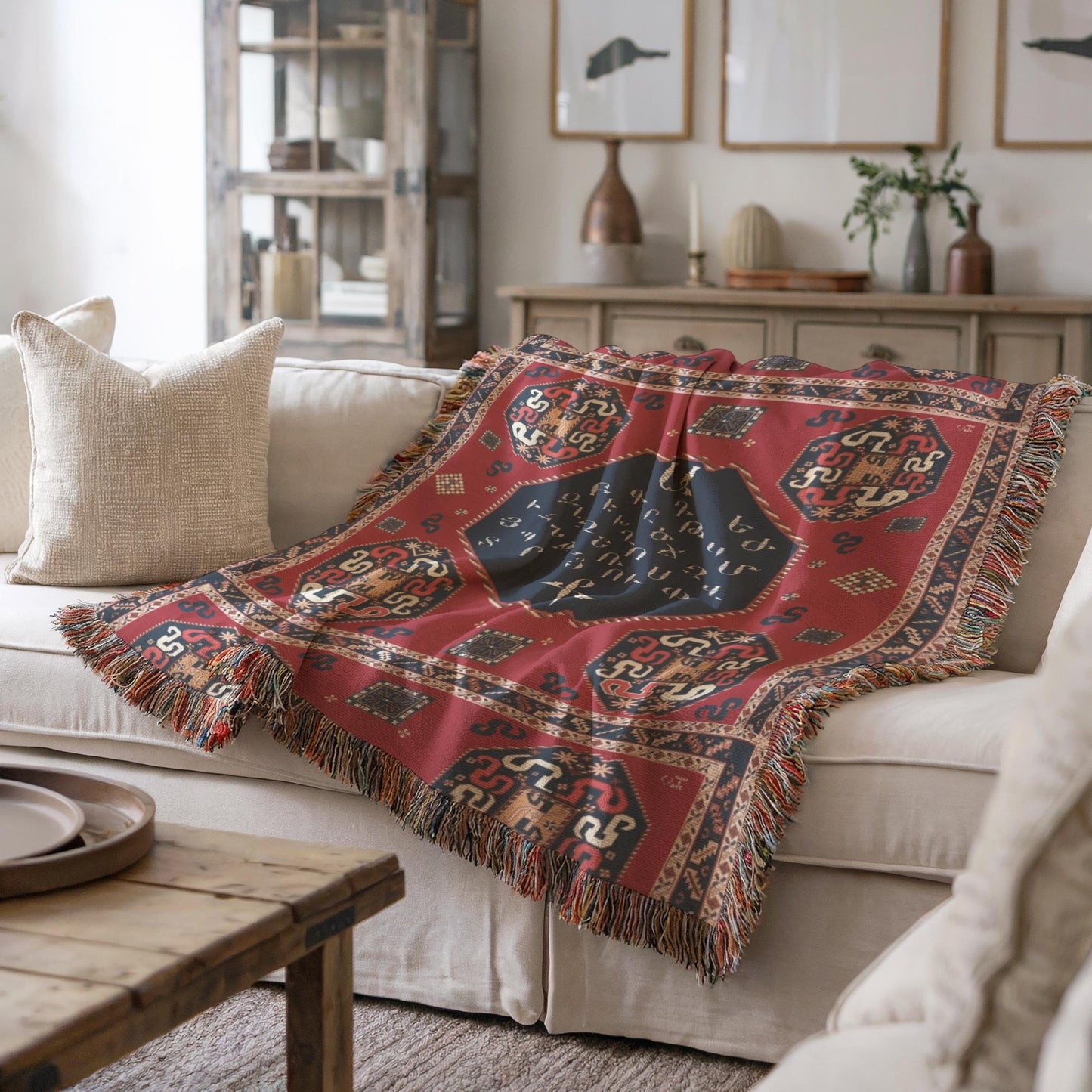 Armenian Blue & Red Alphabet Woven Wall Tapestry – Housewarming Gift - timelessbohochic.com