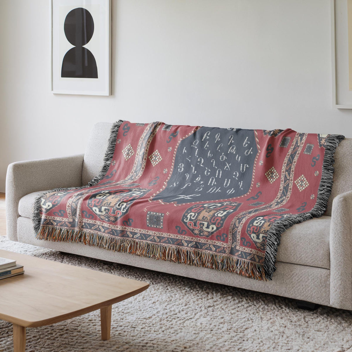 Armenian Blue & Red Alphabet Woven Wall Tapestry – Housewarming Gift - timelessbohochic.com