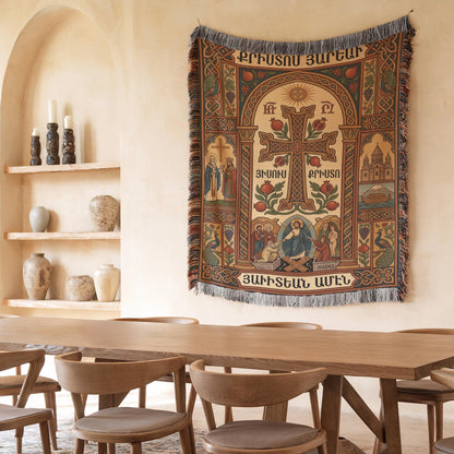 Dining nook, Armenian Christian wall tapestry above rustic table, muted blue and gold decorative tones