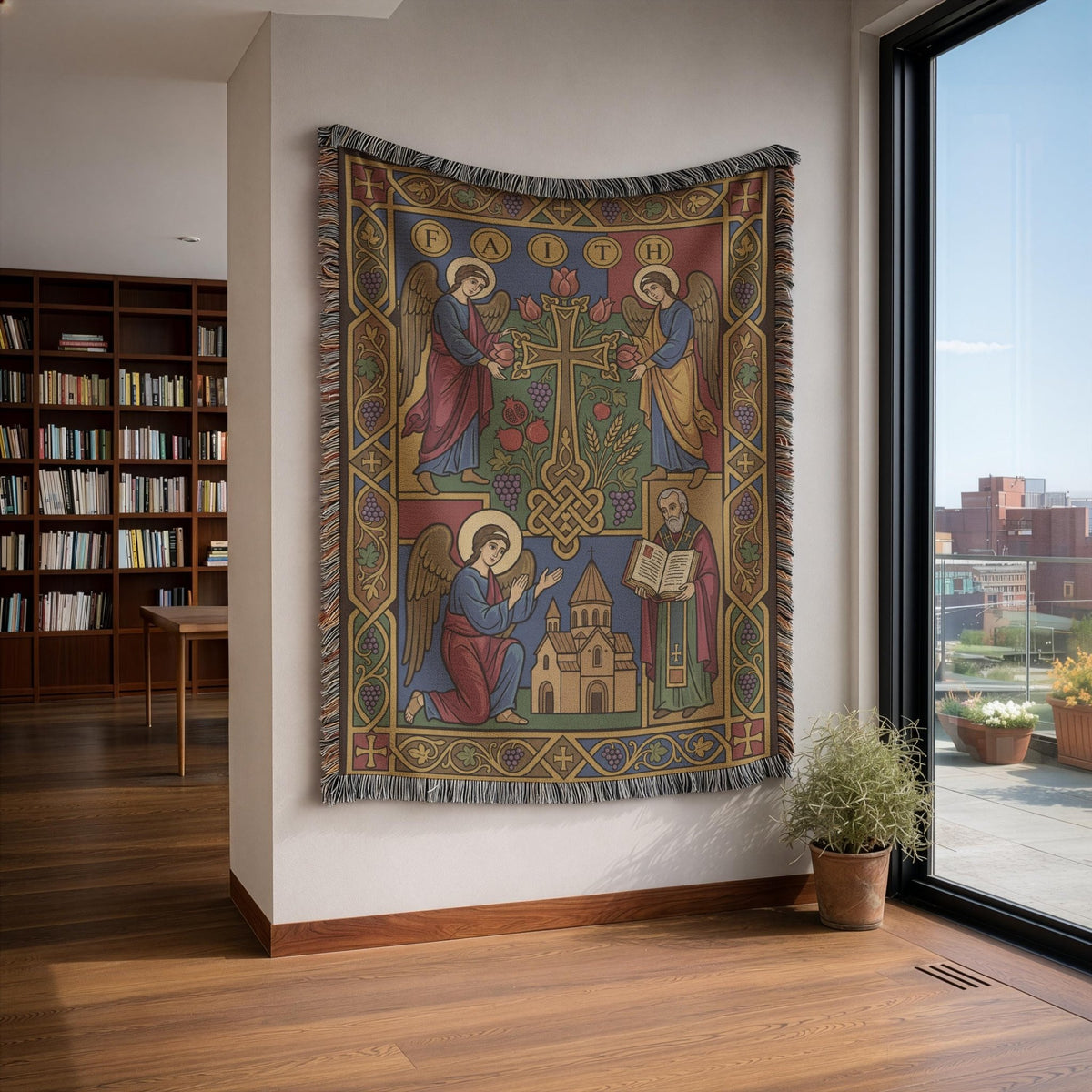 Armenian Cross and Angel Woven Wall Tapestry - Christian Prayer Room Wall Art