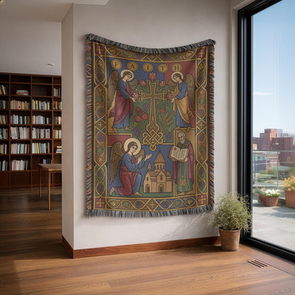 Armenian Cross and Angel Woven Wall Tapestry - Christian Prayer Room Wall Art