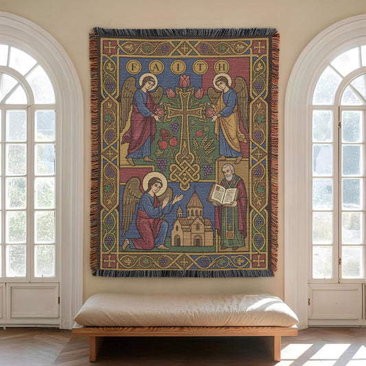 Armenian Cross and Angel Woven Wall Tapestry - Christian Prayer Room Wall Art