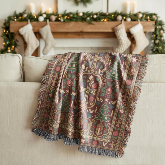 Armenian Christmas tree blanket on a sofa in a living room decorated with garland