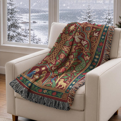 A cozy armchair with a vibrant, intricately patterned blanket draped over it, offering a view of a snowy landscape through a nearby window.