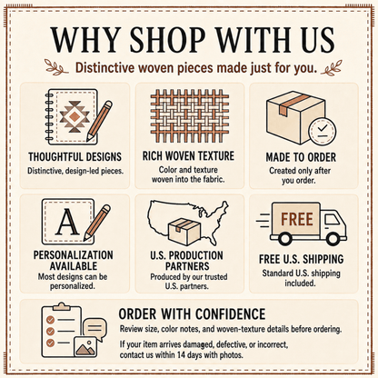 Why shop with us: made to order, personalization available, US production partners, free US shipping