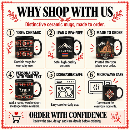 Why shop with us: ceramic mugs, lead and BPA-free, made to order, personalized, dishwasher and microwave safe