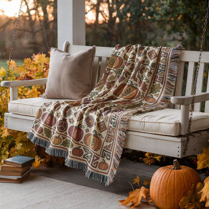 Armenian Ghapama Blanket, Cream & Rust Woven Cotton Fall Throw - timelessbohochic.com