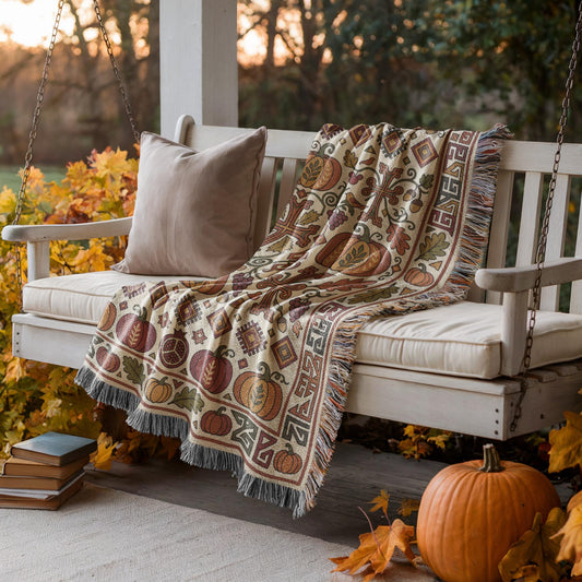 Cream and rust Ghapama woven throw draped over an outdoor wicker sofa among autumn foliage