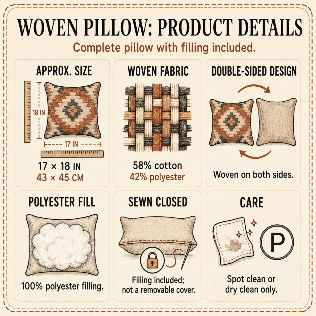 Woven pillow details: 17 x 18 in, 58% cotton 42% polyester, woven both sides, polyester fill, sewn closed, spot or dry clean