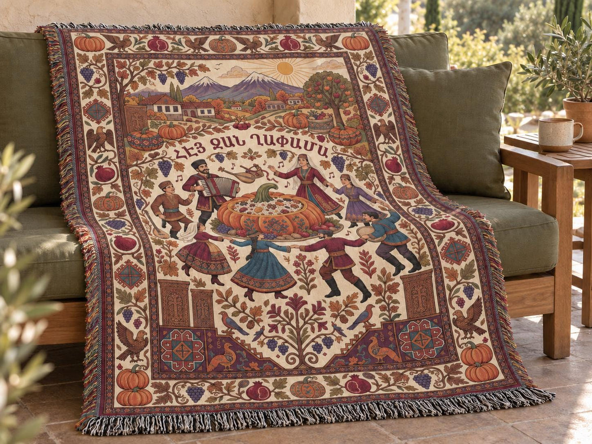 Ghapama pumpkin dancers cotton throw styled on covered patio seating, with muted autumn colours and fringed edges.