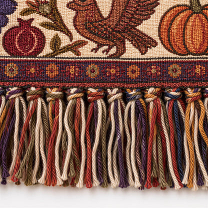 Close-up of the Pumpkin Dancers weave and multicoloured fringe, with bird and pumpkin motifs