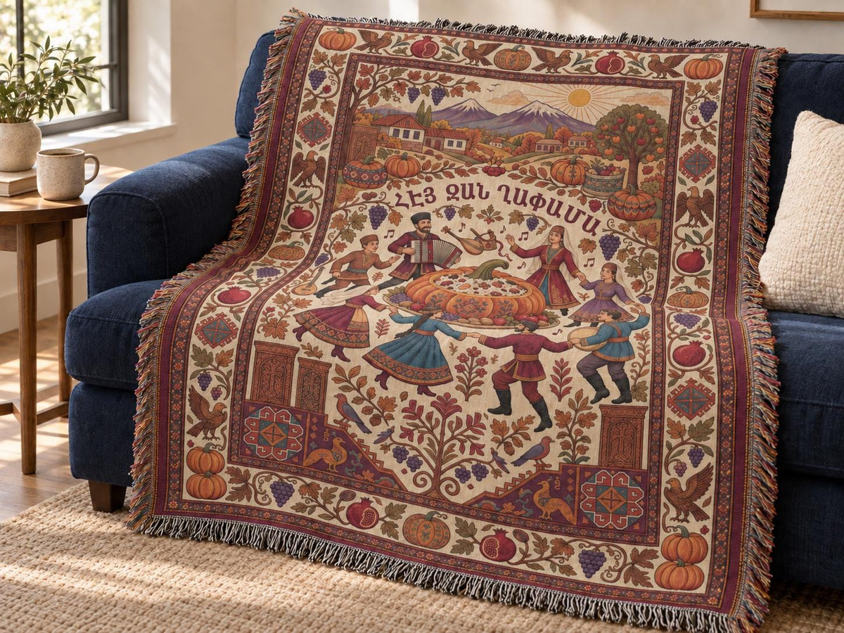 Muted Armenian Ghapama blanket draped over a couch, with dancers, musicians, a central pumpkin and textured cotton weave.