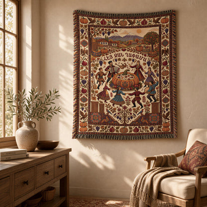 Armenian Ghapama Pumpkin Dancers tapestry hung in a living room above a wooden dresser