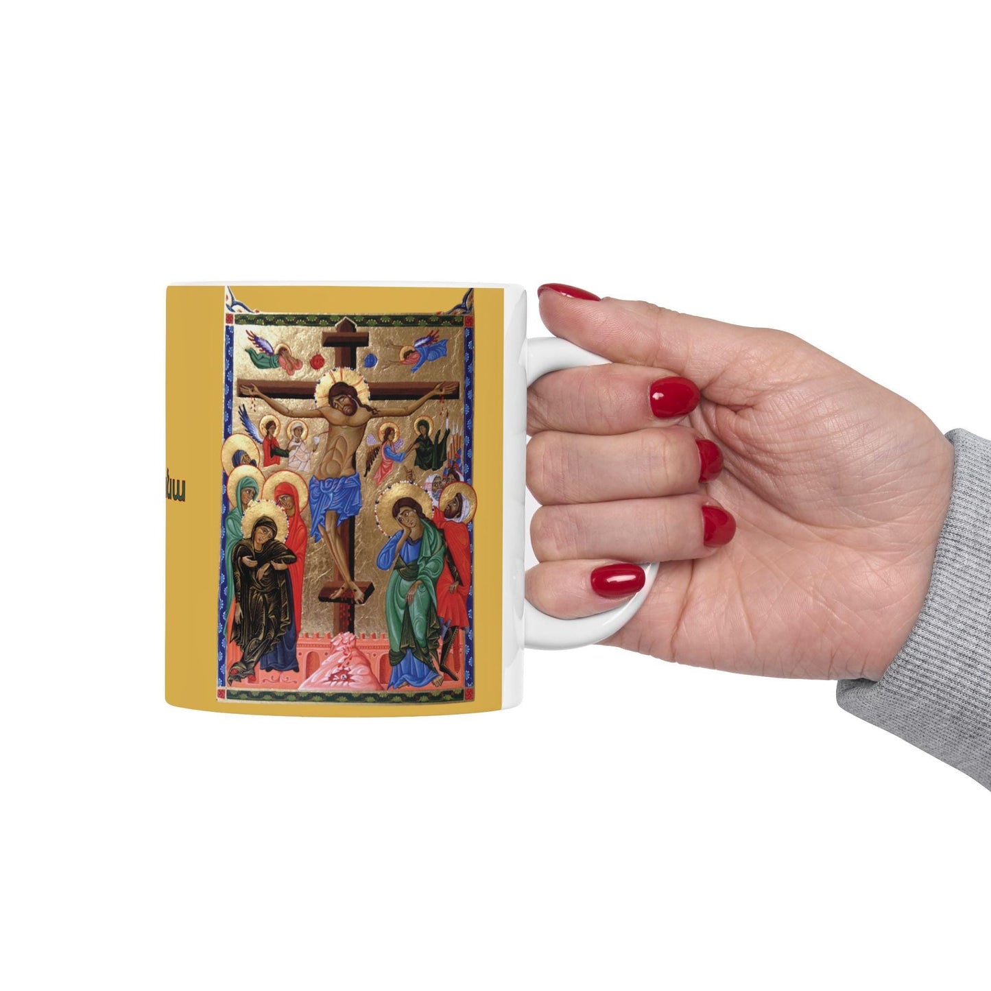 Armenian Illumination-Style Crucifixion Ceramic Mug, Personalized - timelessbohochic.com