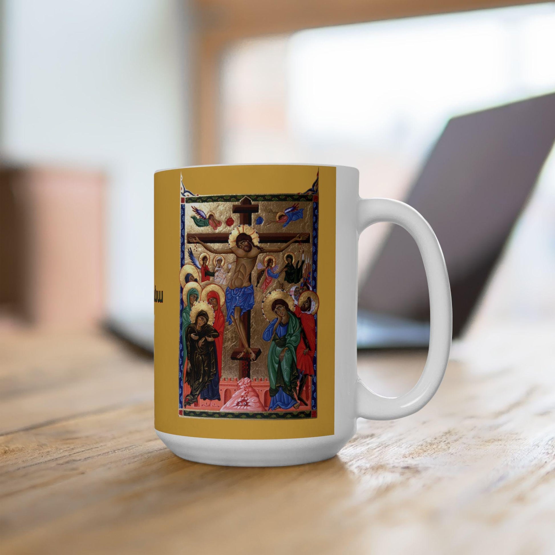 Armenian Illumination-Style Crucifixion Ceramic Mug, Personalized - timelessbohochic.com