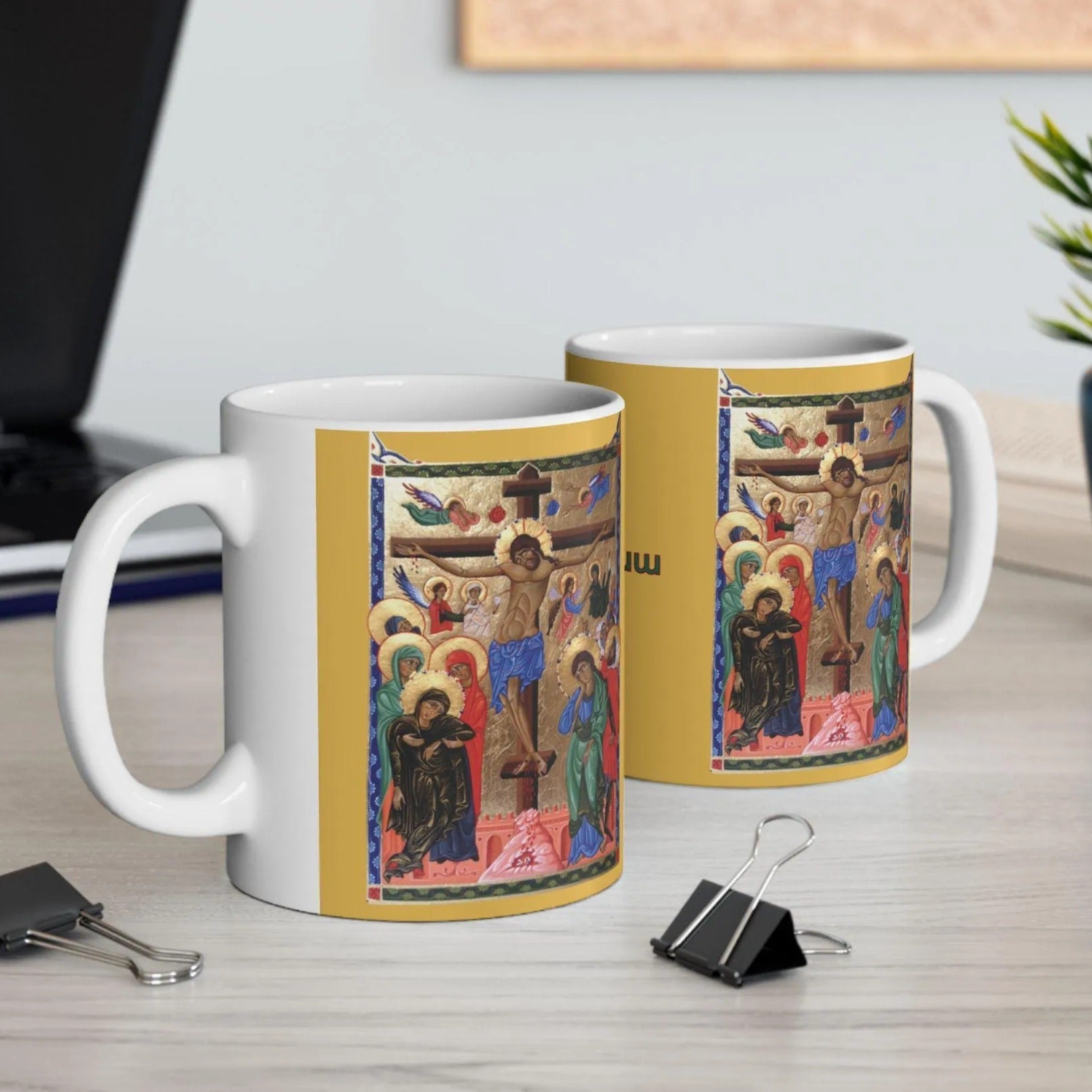 Armenian Illumination-Style Crucifixion Ceramic Mug, Personalized - timelessbohochic.com