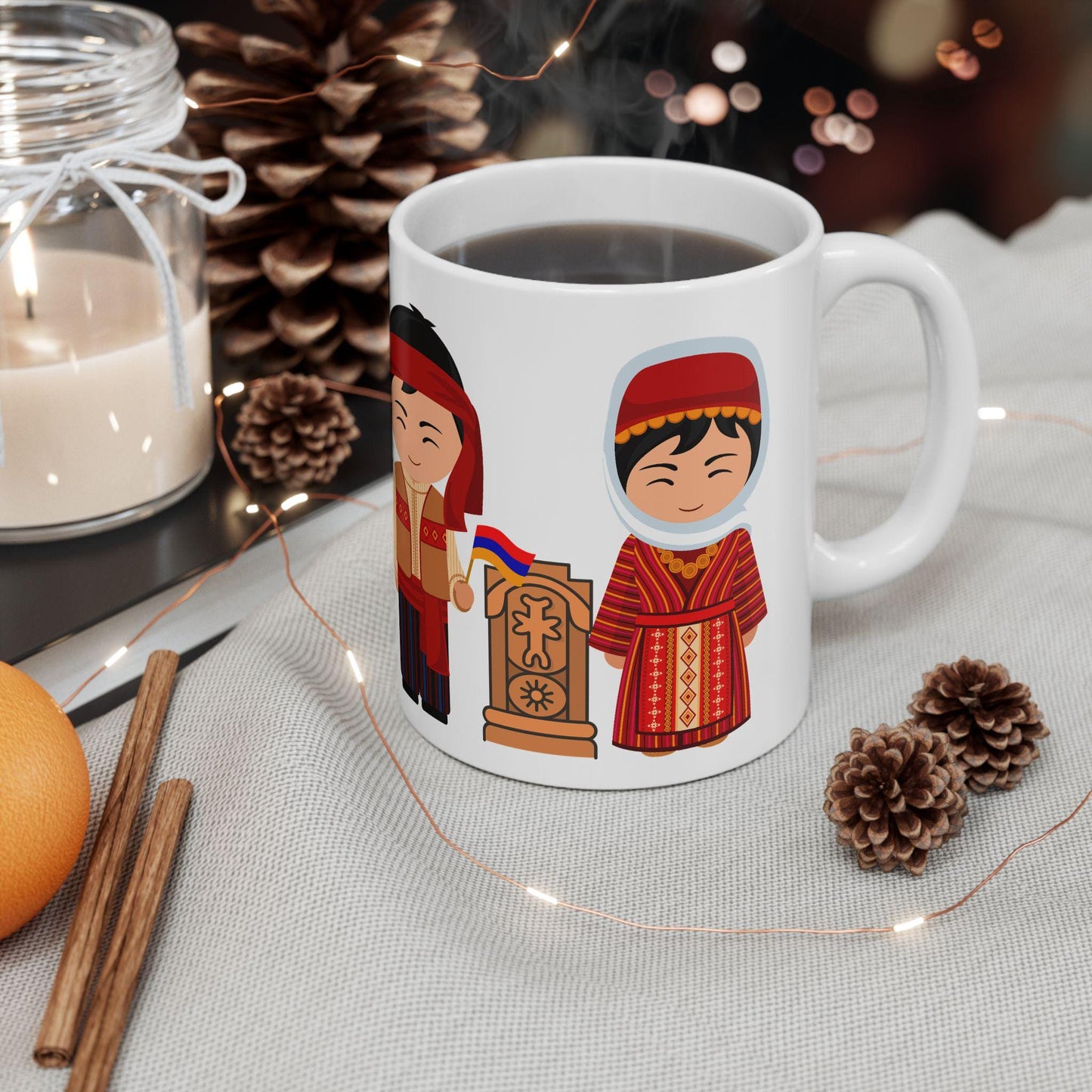 Armenian Khachkar Ceramic Mug, White, Personalized Coffee Cup - timelessbohochic.com