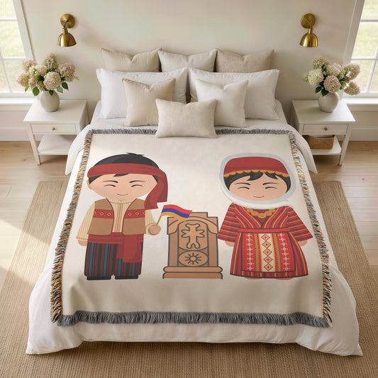 Armenian Khachkar Cross Woven Cotton Blanket Bedspread – Diaspora Heritage Gift - timelessbohochic.com