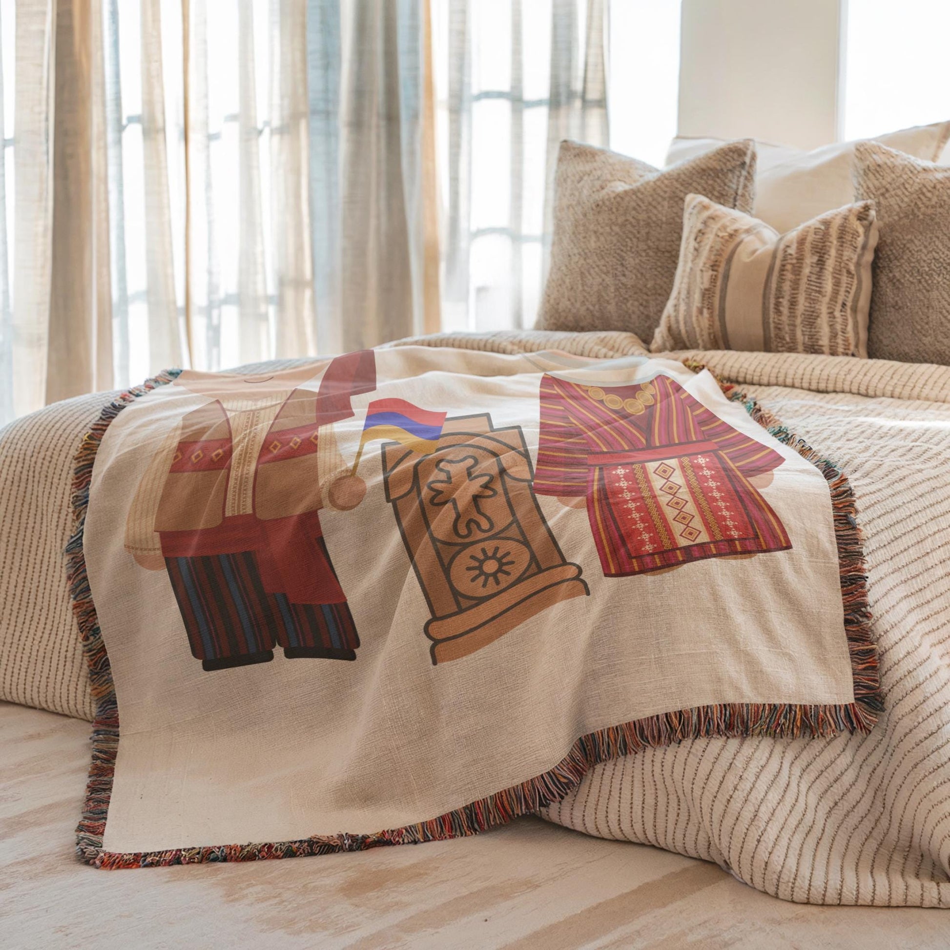 Armenian Khachkar Cross Woven Cotton Blanket Bedspread – Diaspora Heritage Gift - timelessbohochic.com