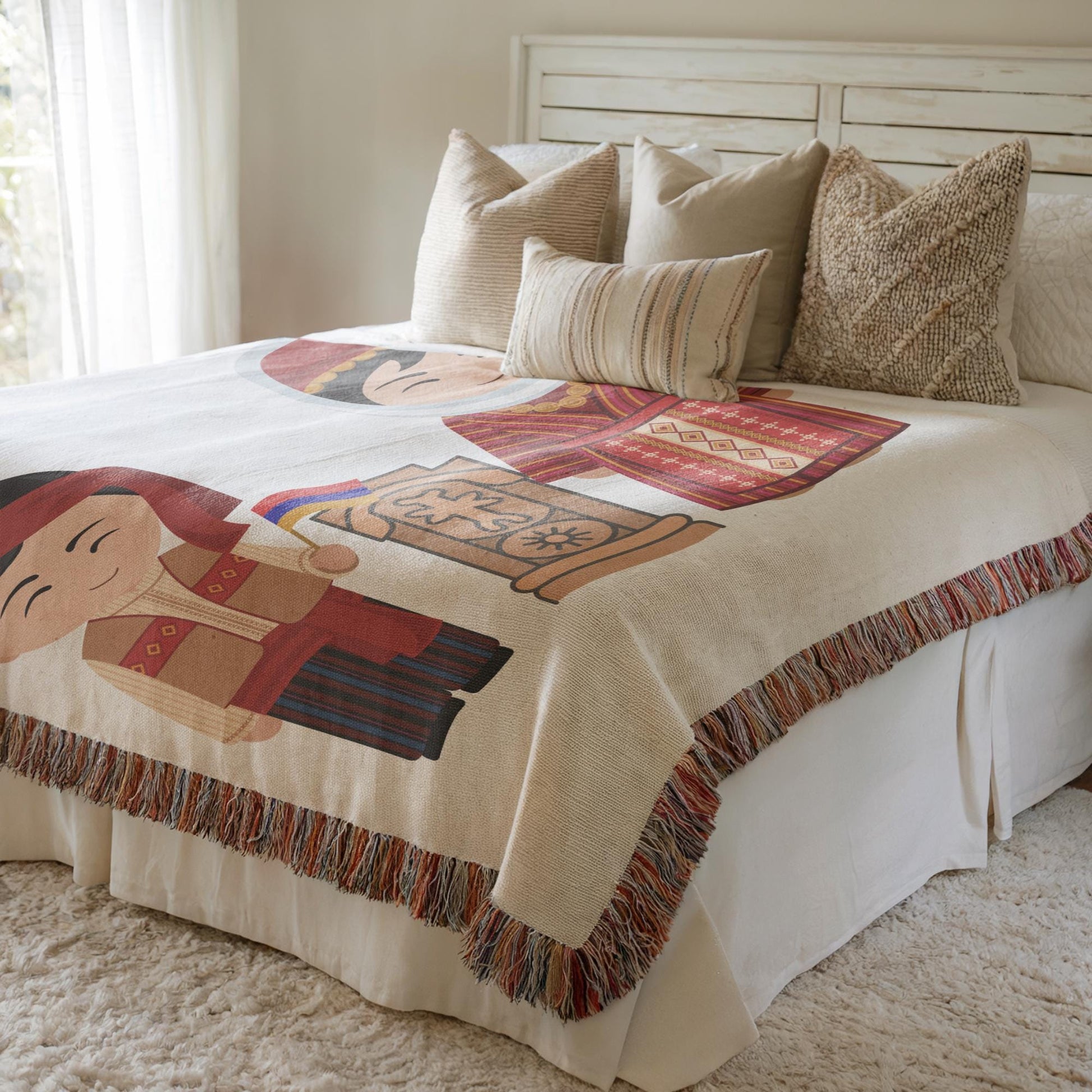 Armenian Khachkar Cross Woven Cotton Blanket Bedspread – Diaspora Heritage Gift - timelessbohochic.com