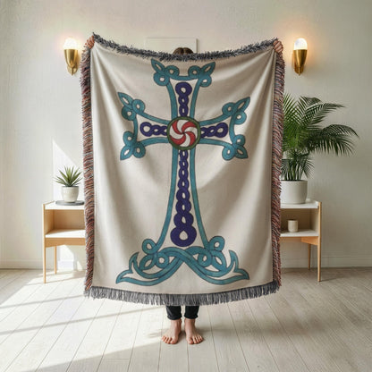 Armenian Khachkar Cross Woven Cotton Blanket – Diaspora Heritage Gift - timelessbohochic.com