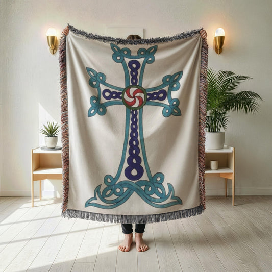 Armenian Khachkar Cross Woven Cotton Blanket – Diaspora Heritage Gift - timelessbohochic.com