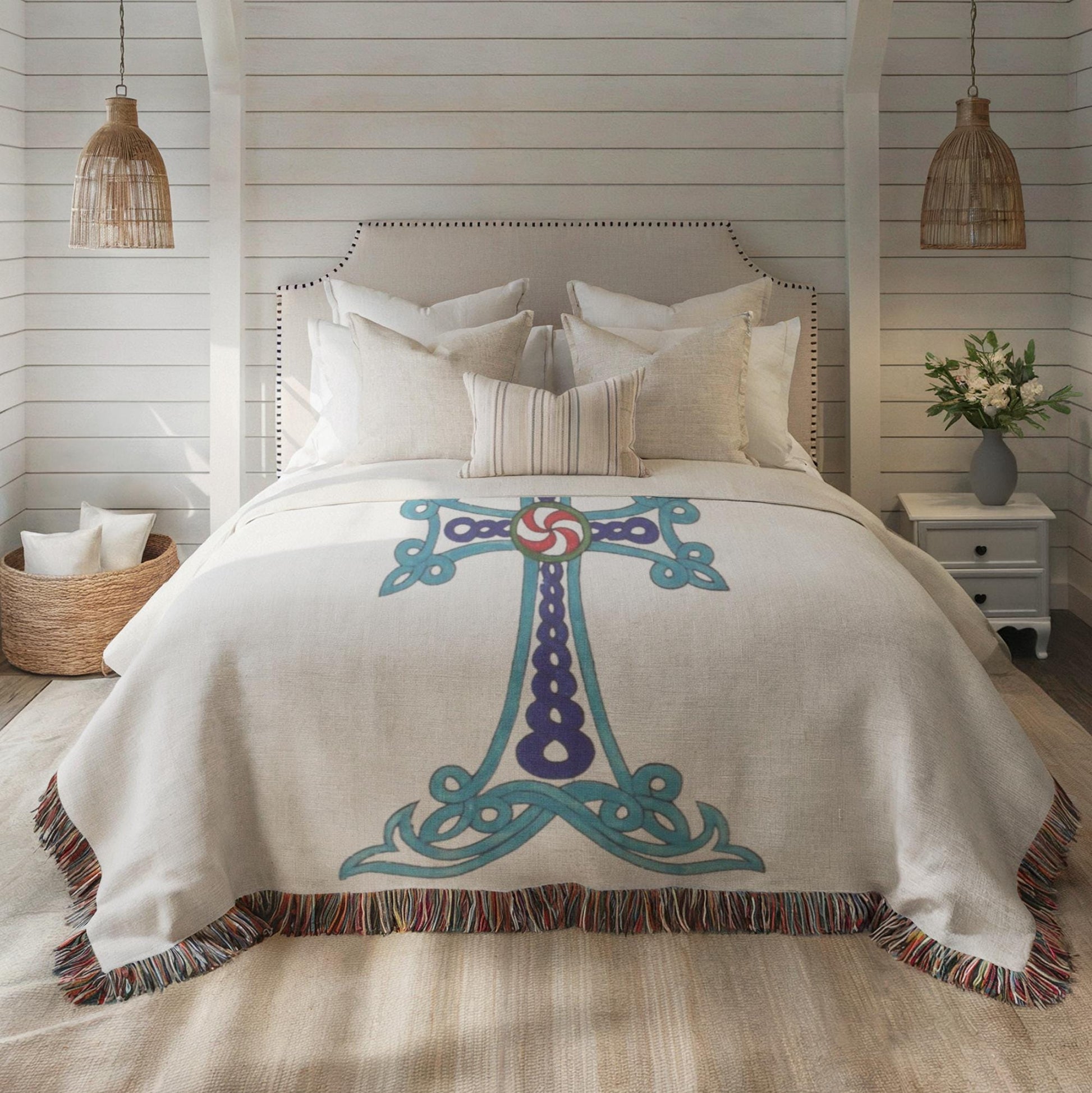 Armenian Khachkar Cross Woven Cotton Blanket – Diaspora Heritage Gift - timelessbohochic.com