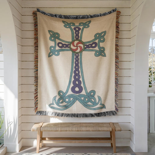 Armenian Khachkar Cross Woven Cotton Blanket – Diaspora Heritage Gift - timelessbohochic.com
