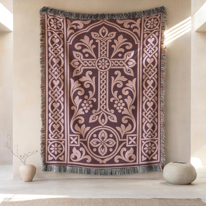 Khachkar woven wall hanging in plum and dusty pink, with grape vines and an interlaced border