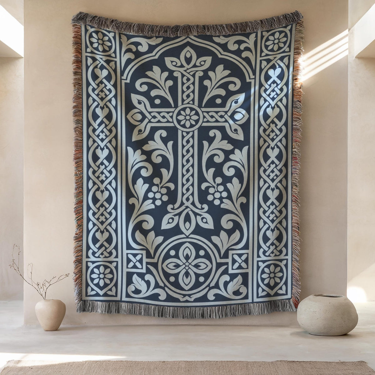 Khachkar woven wall hanging in navy and light blue, with grey fringed edges