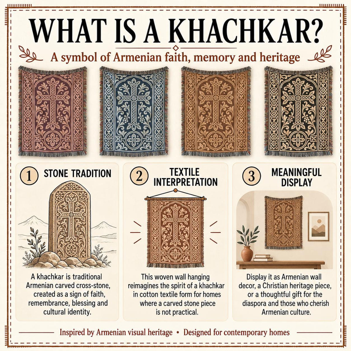 What is a khachkar card: the stone tradition, its woven interpretation and display ideas, shown in all four colorways