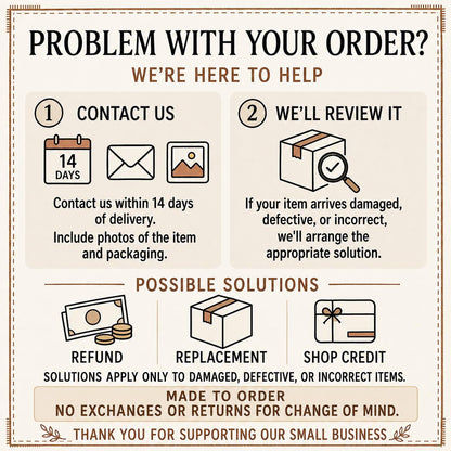 Order problem card: contact us within 14 days with photos for a refund, replacement or shop credit