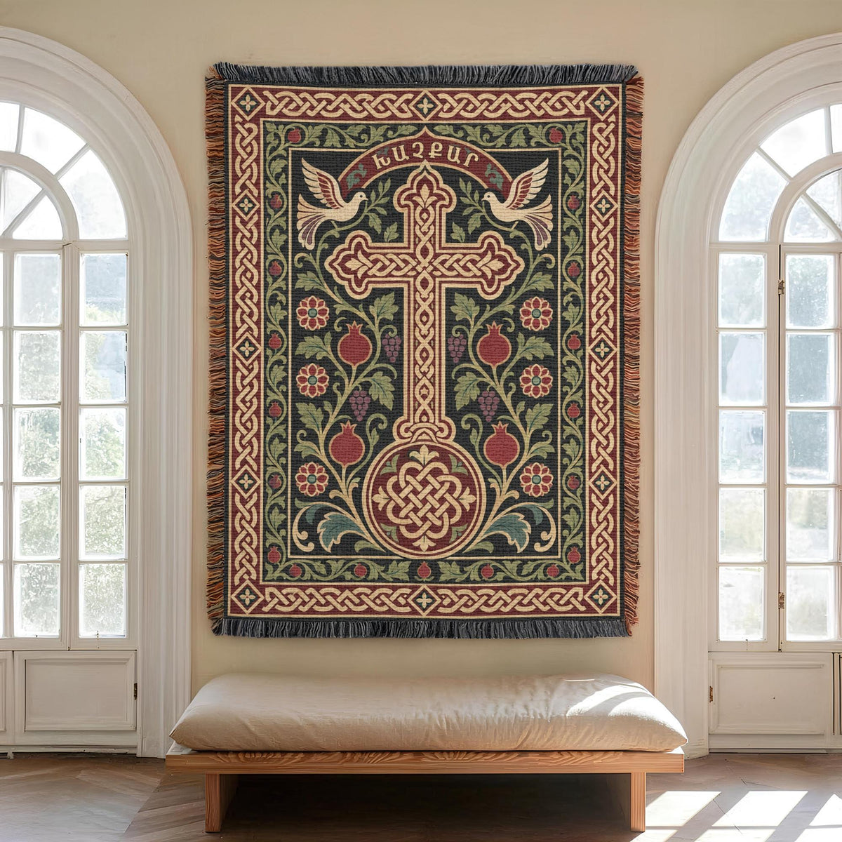 Khachkar tapestry with doves and pomegranates centred between two arched windows above a cushioned bench