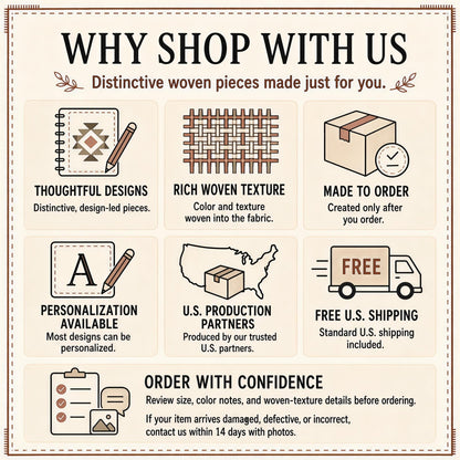 Why shop with us card: made to order, personalization, U.S. production partners, free U.S. shipping