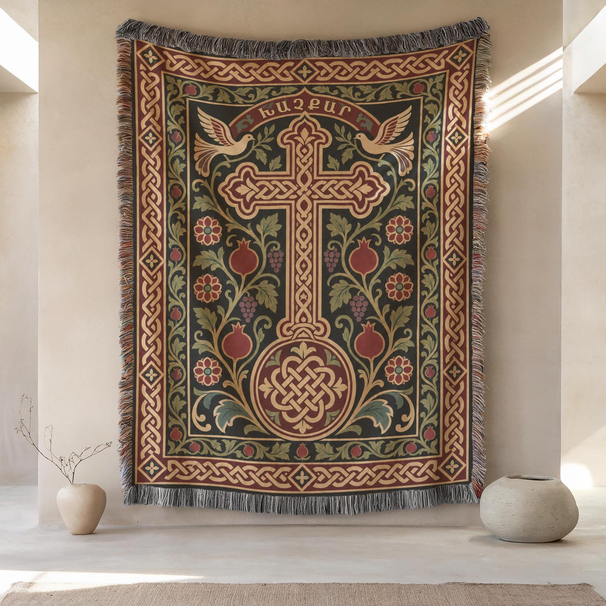 Khachkar tapestry with doves and pomegranates on a plaster wall between two round stoneware vases