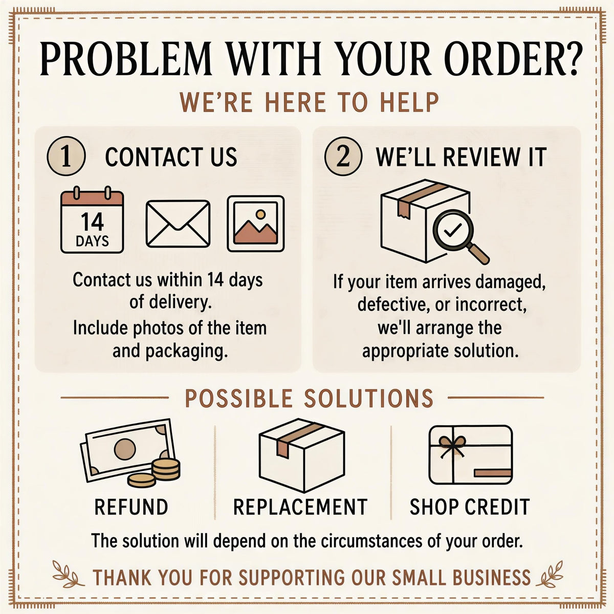 Order problem card: contact us within 14 days with photos for a refund, replacement or shop credit