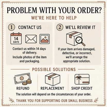 Order problem card: contact us within 14 days with photos for a refund, replacement or shop credit